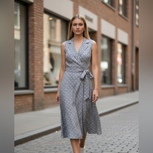 Evan Picone Gray Polka Dot Sleeveless foe Wrap Midi Dress Carolyn Bessette Sz 14